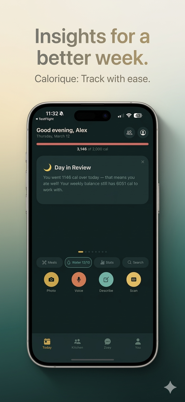 Calorique home screen with personalized narrative cards